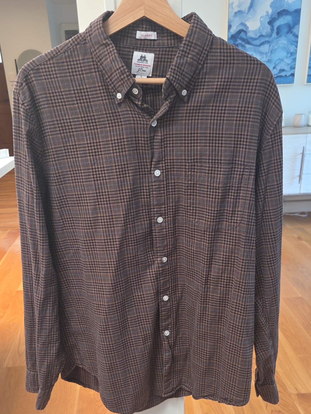 Thomas Mason For J Crew: Classic Mens Brown & Blue Plaid Button-Down Shirt (L)